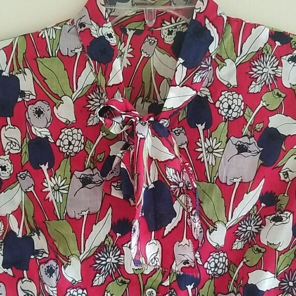 Women's Custom Cherry Red Floral Print Blouse, S - Picture 2 of 4
